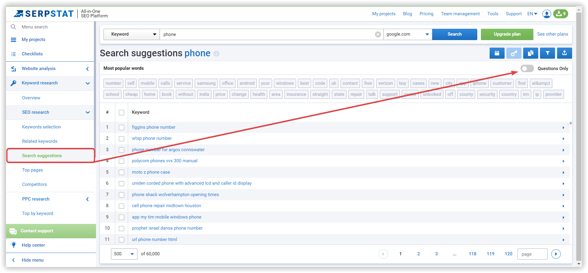 serpstat search suggestions