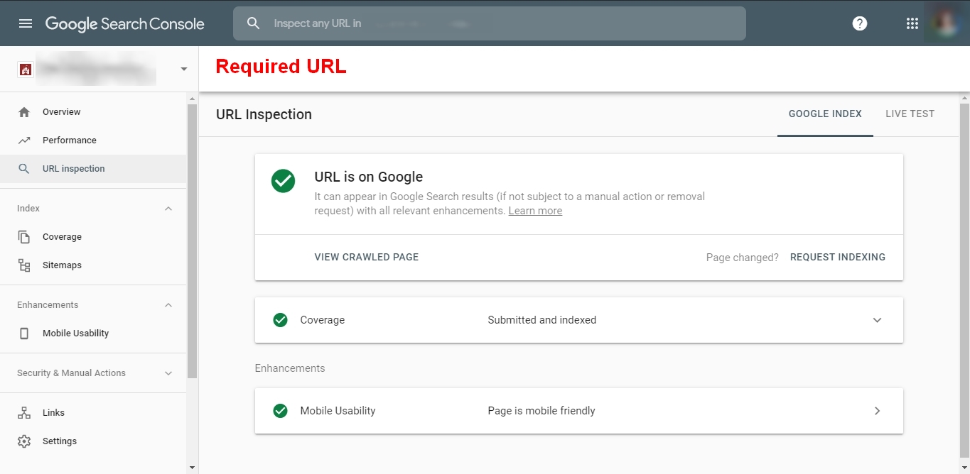 URL inspection in Google Search Console