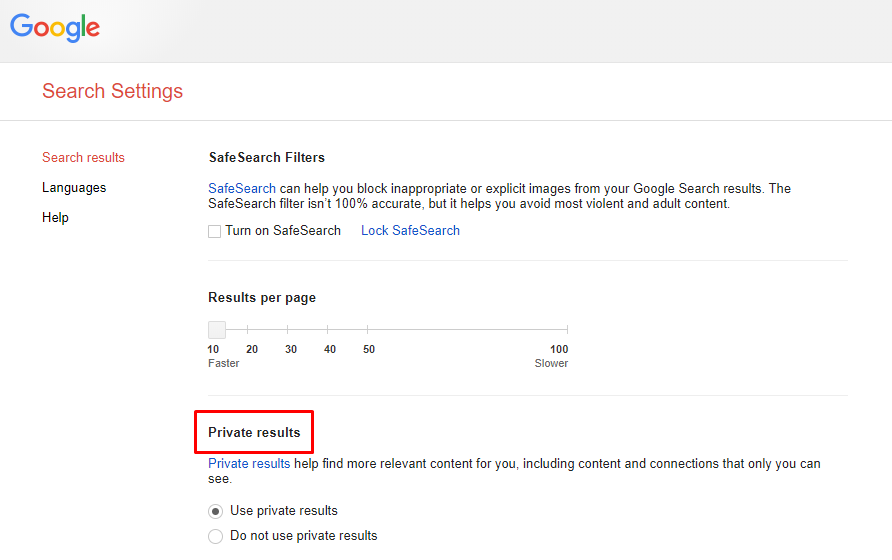 Private results in Google