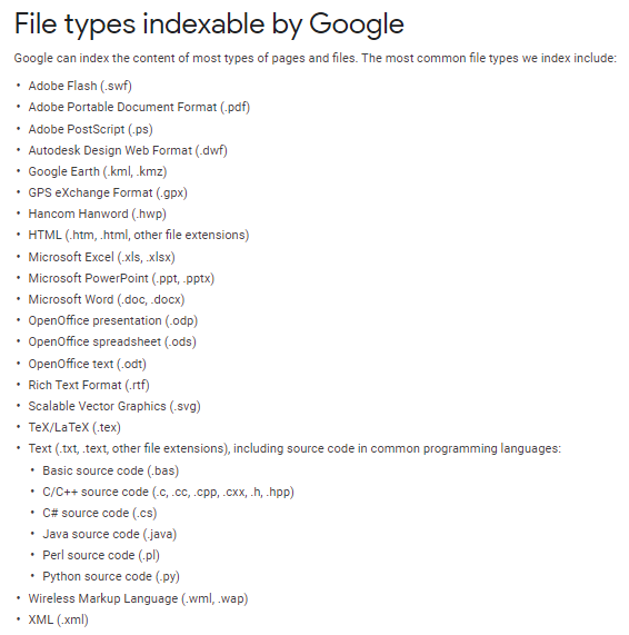 File types indexable by Google bot