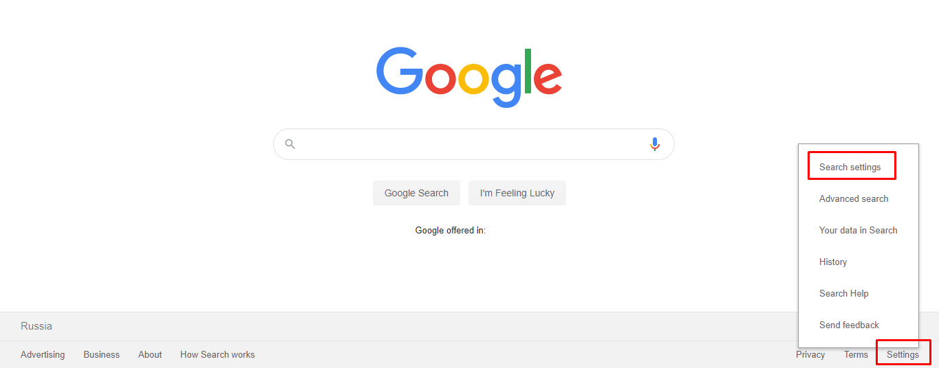 Search settings in Google