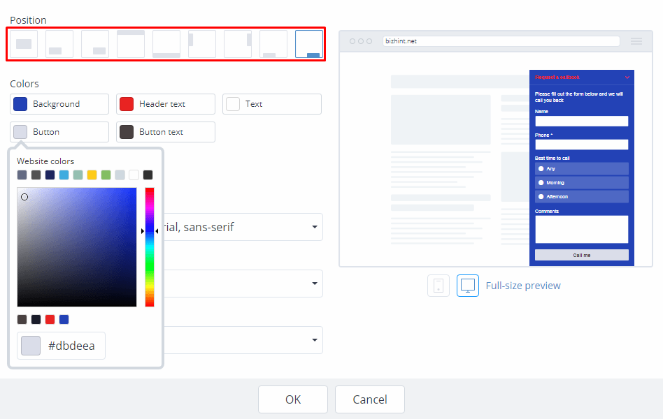 Callback form appearance settings