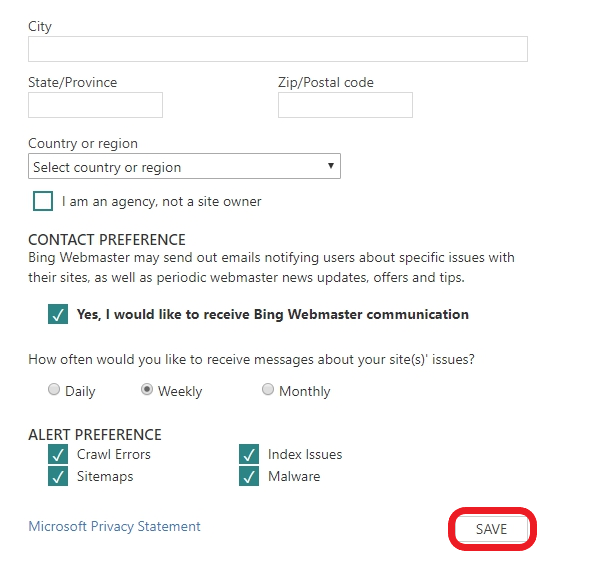 Adding the website to Bing Webmaster tools