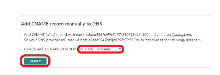 Verification via CNAME record in Bing