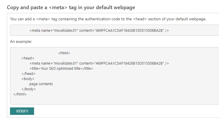 Verification via meta tags in Bing