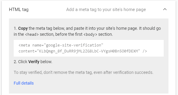 Verification using HTML tag