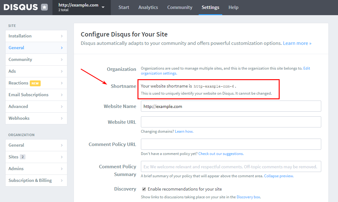 How to find Shortname in Disqus