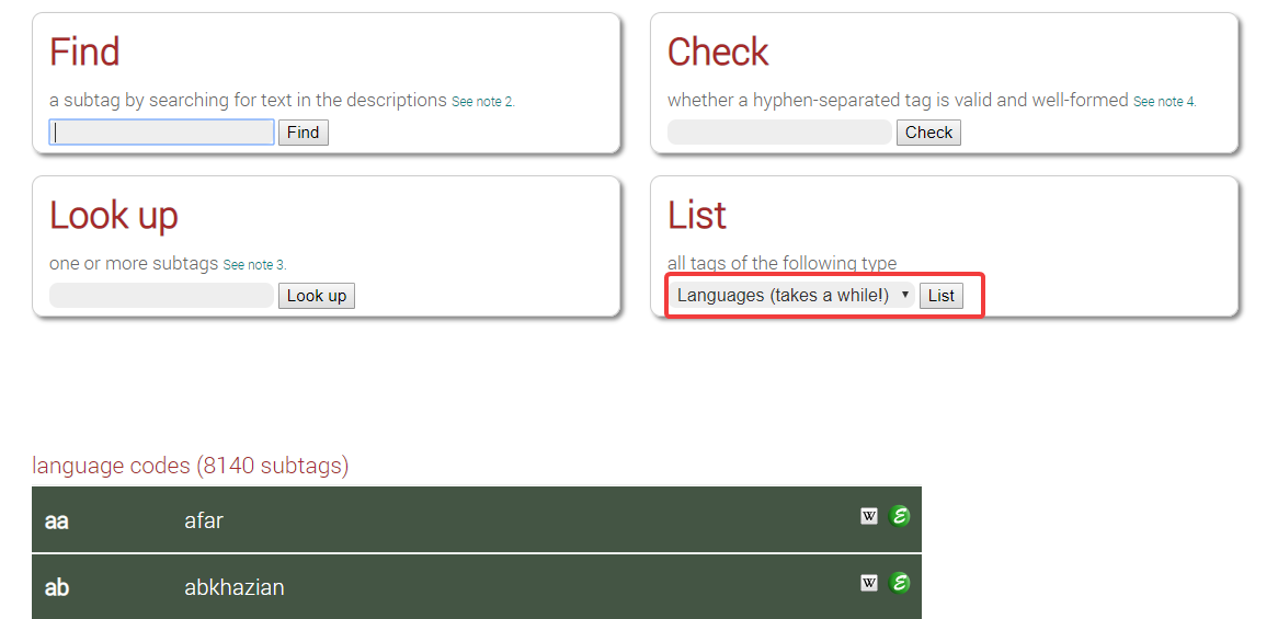 Language codes in the Language Subtag Lookup utility