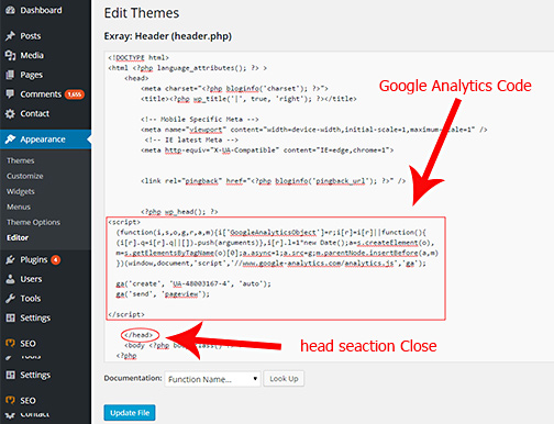 Integrating Google Analytics code to the site