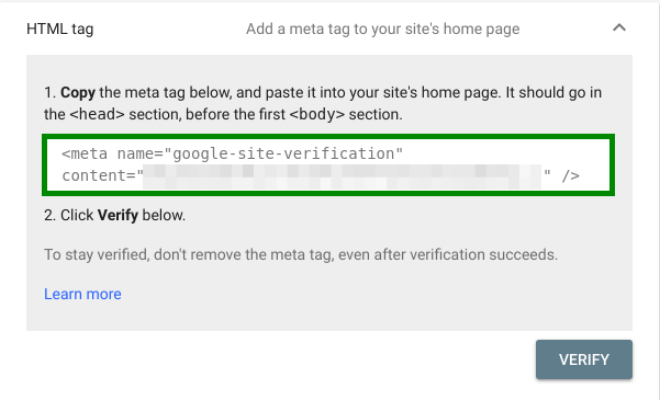 Verification property using HTML tag in Google