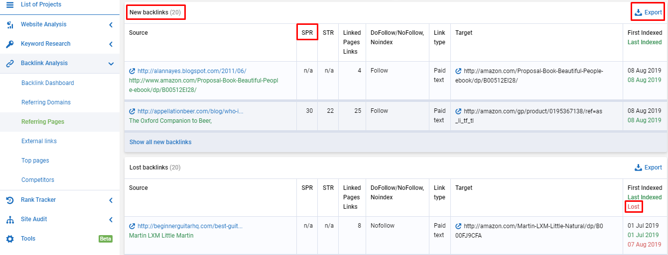 Backlinks research in Serpstat