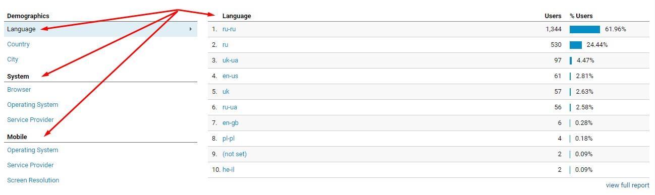 Characteristics of the audience in Google Analytics