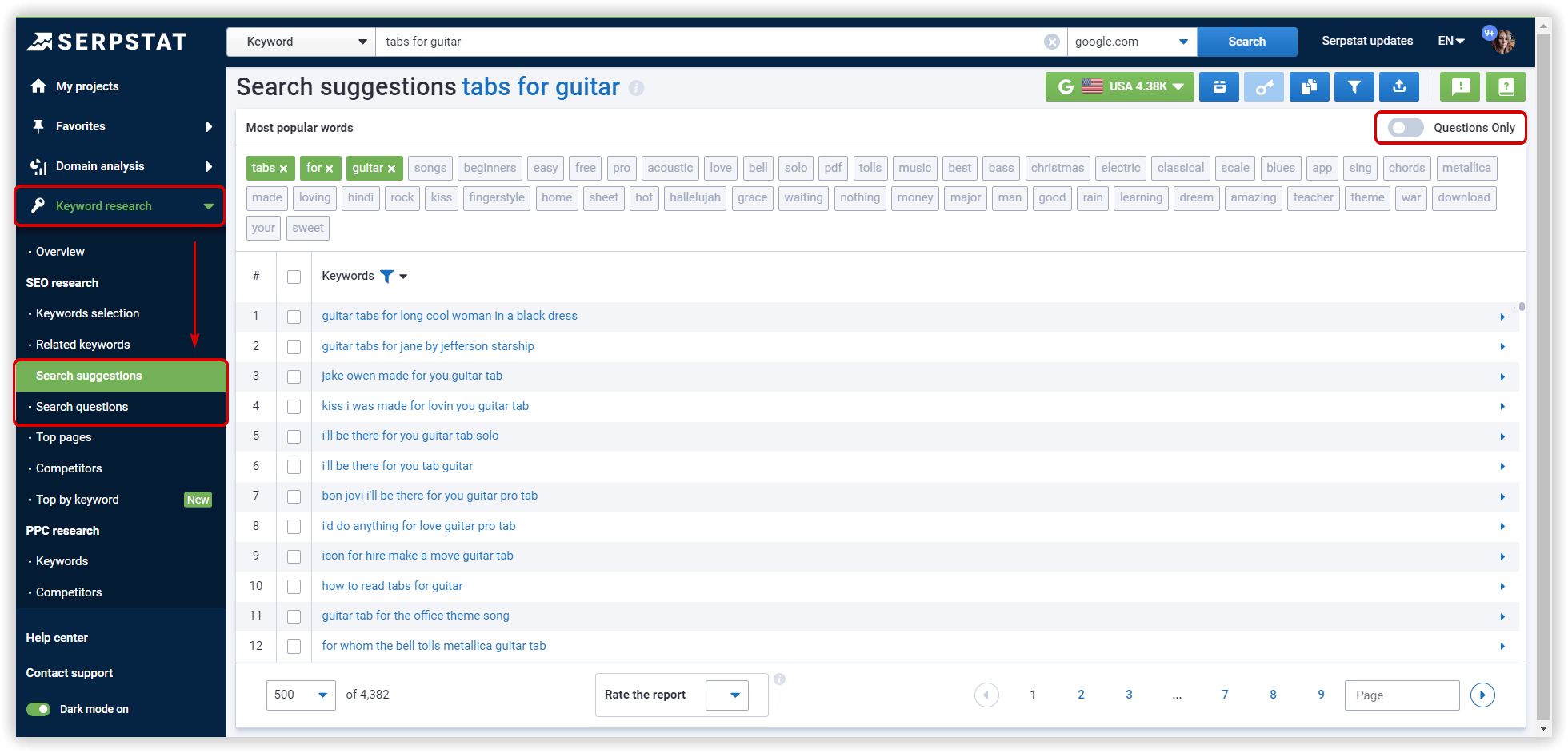 Search suggestions and queries report by Serpstat