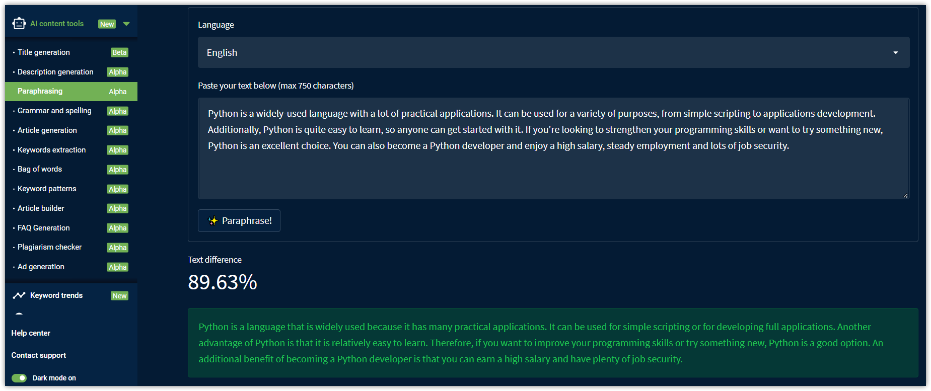 Paraphrasing tool by Serpstat