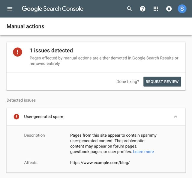 Google Search Console manual actions
