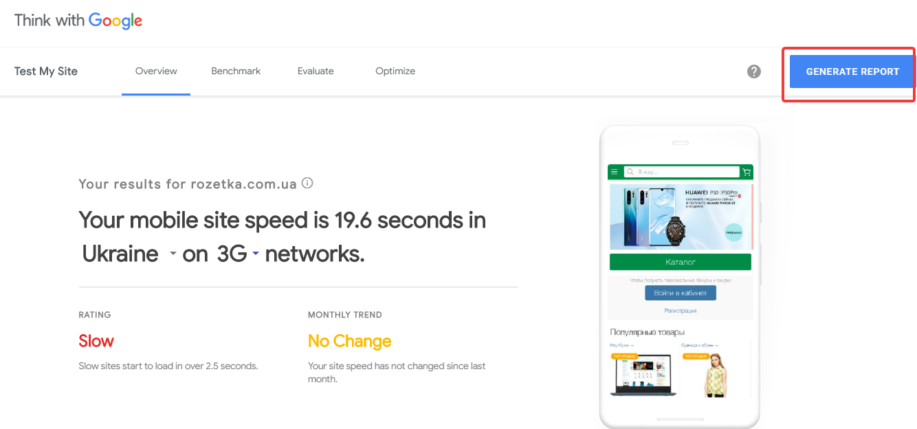 Google Test My Site speed test report