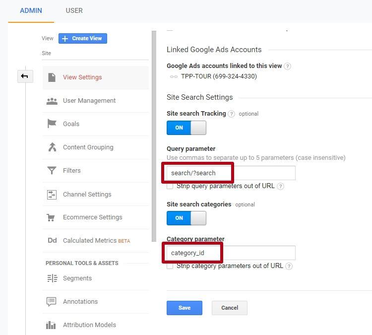 Query and caterogy paramaters for internal search in Google Analytics