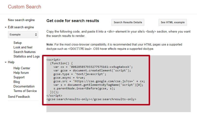 Custom search code for a site