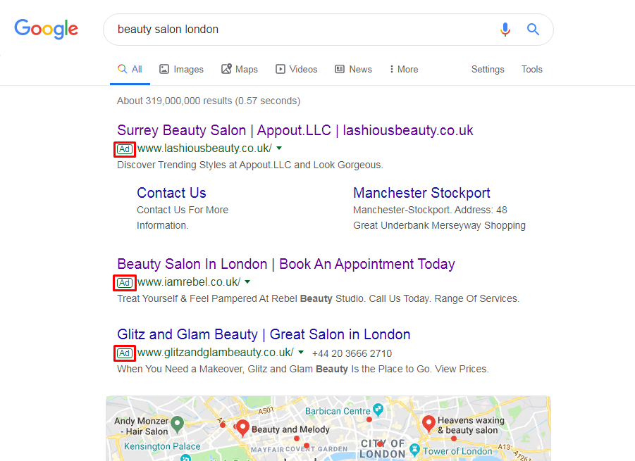 Example of contextual advertising via Google Adwords