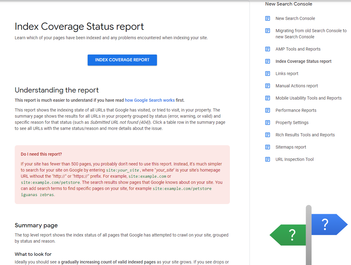 Index coverage status report in Google