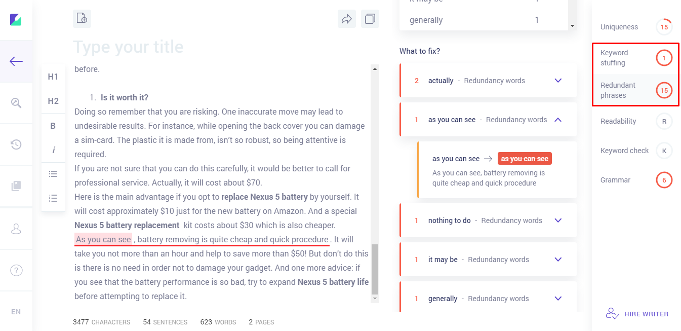 Text analysis using Copywritely tool