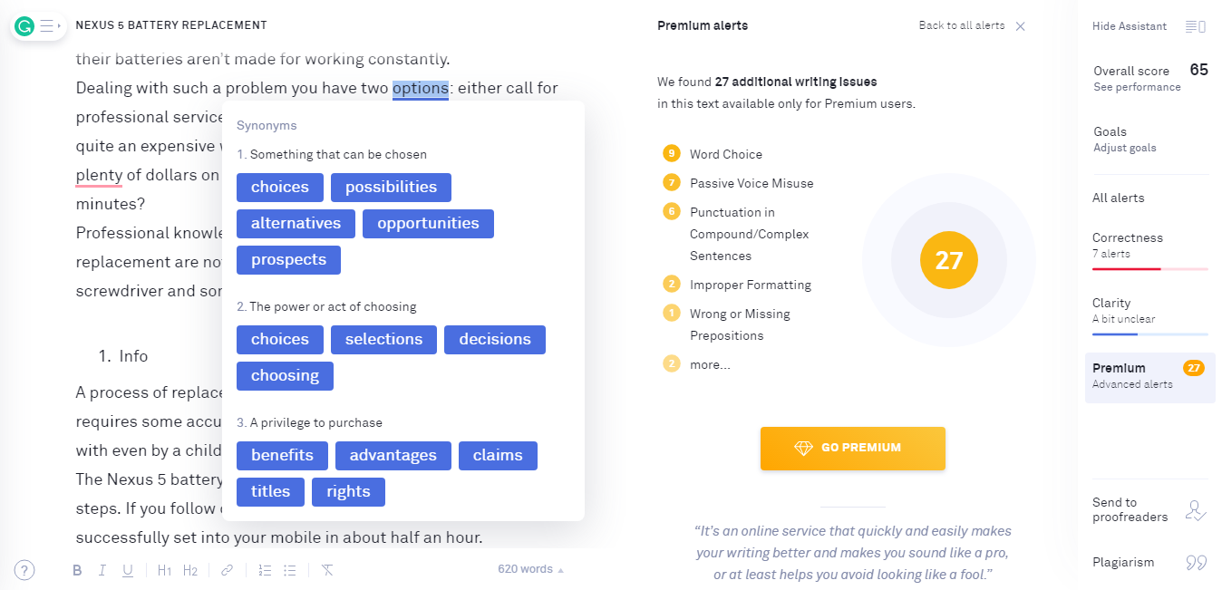 Text analysis via Grammarly tool