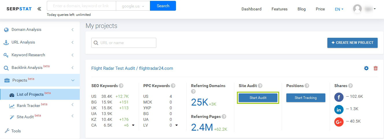 Start SEO audit of your project