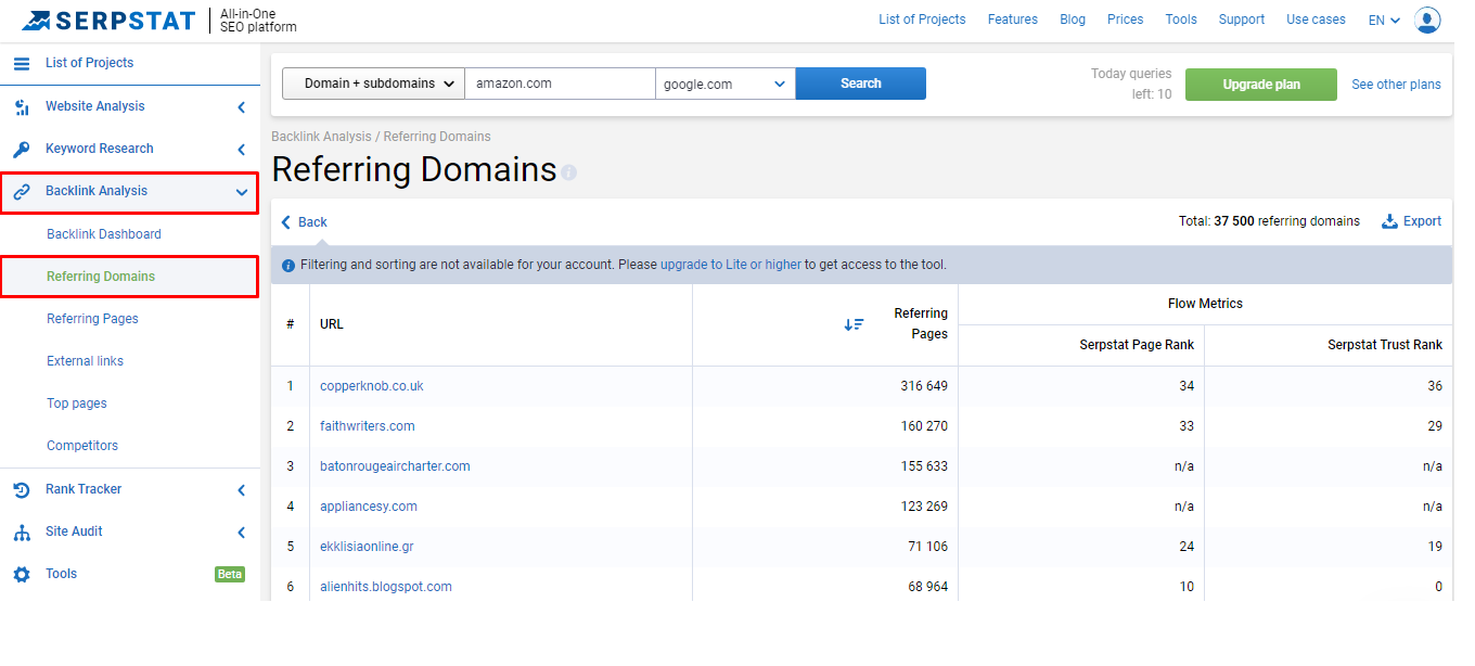 Referring domains check and analysis in Serpstat