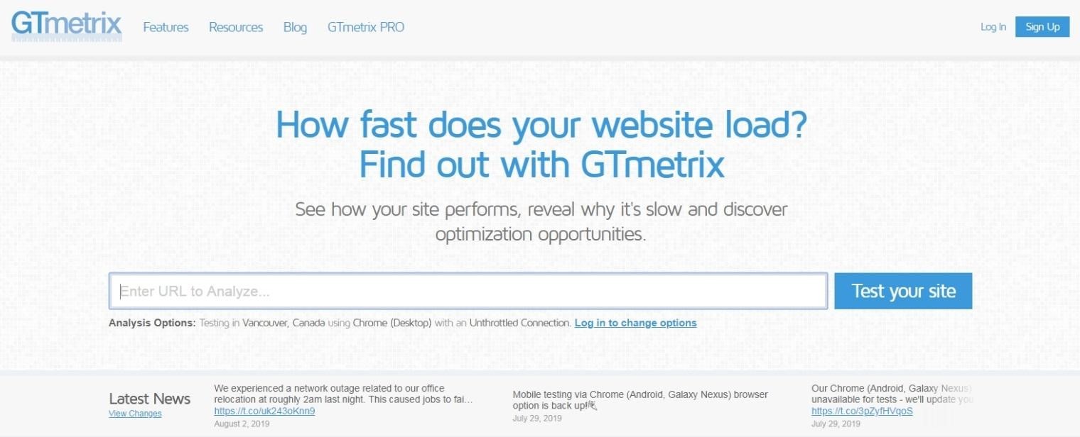 Analysis of the download speed of the GTmetrix website