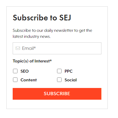Search Engine Journal: email subscription form with a list of topic users can choose from
