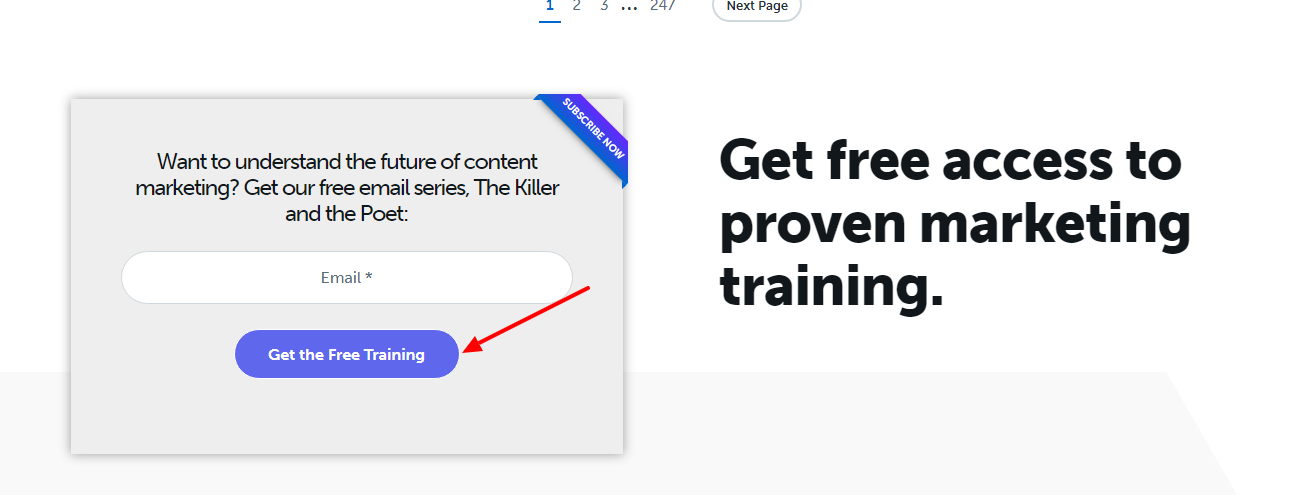 CTA: "Get free access to proven marketing trainings" 