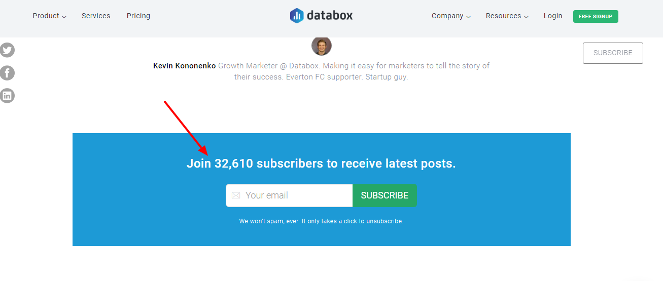 FOMO-provoking CTA: "Join 32,610 subscribers to receive latest posts"