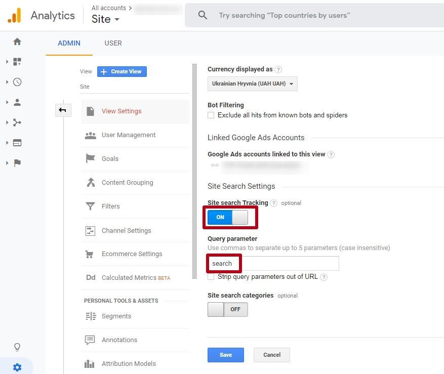 Site search tracking at Google Analytics