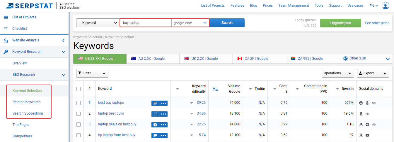 Keyword structure mapping in Serpstat