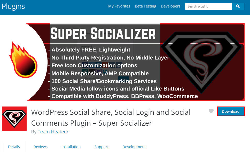 Super Socializer installation on WordPress