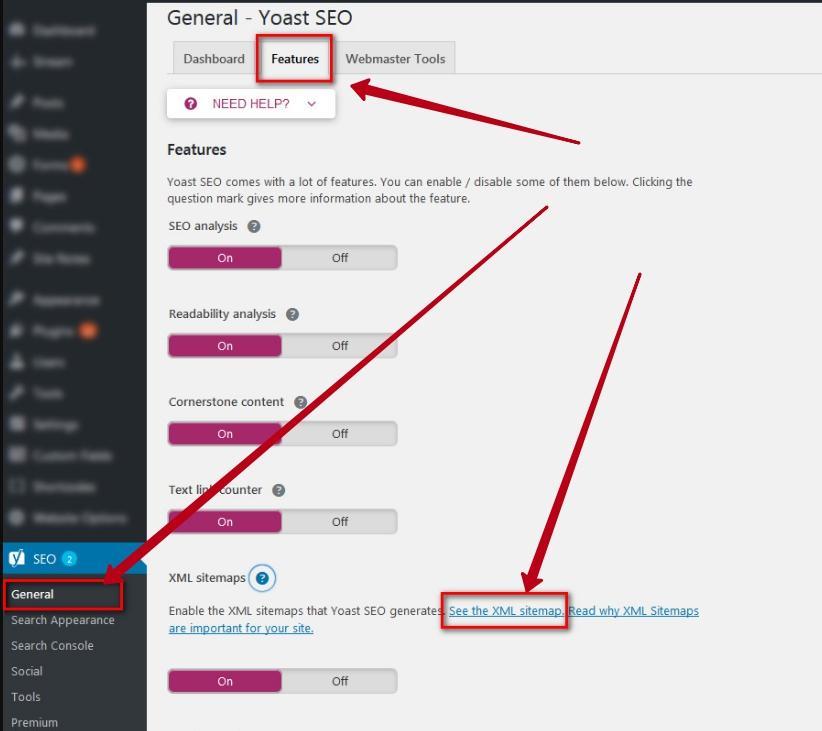 Page types and taxonomies in sitemap by yoast seo