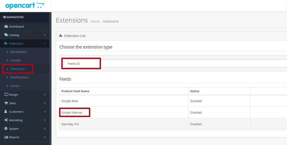 Google Sitemap checking in OpenCart admin panel