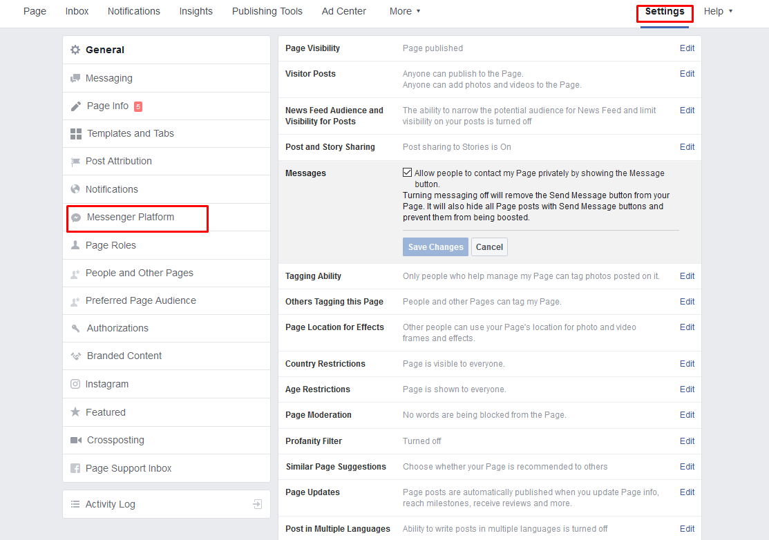 Messenger platform in Facebook page settings