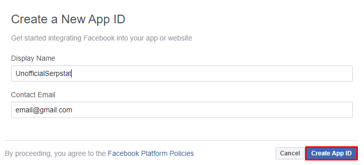 Creane a new app on Facebook