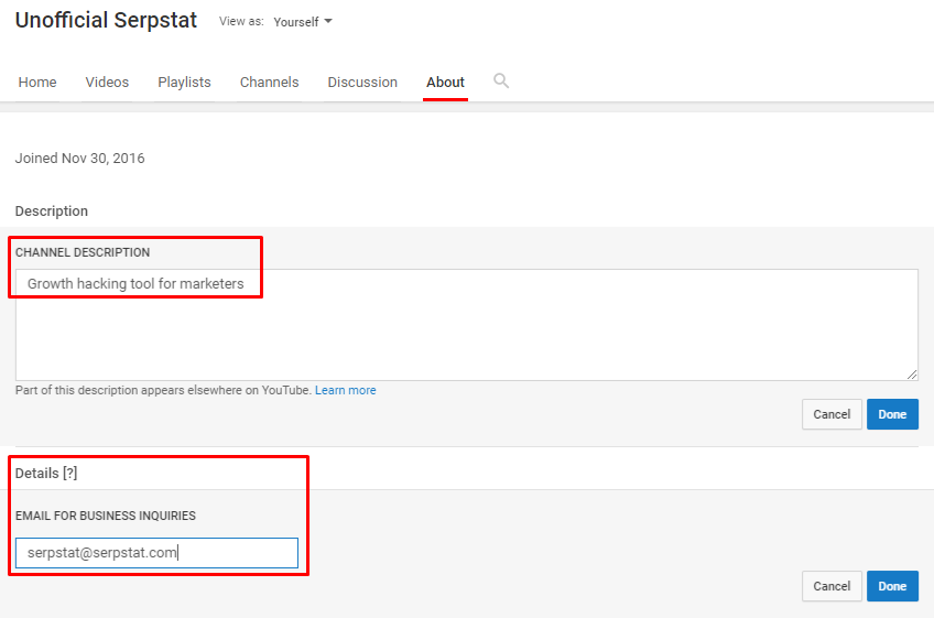 YouTube channel description