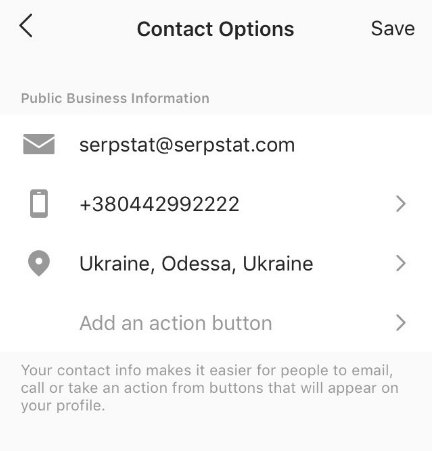 Contact options in Instagram