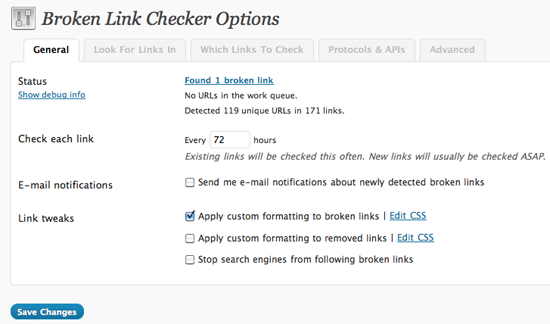 Broken Link Checker options