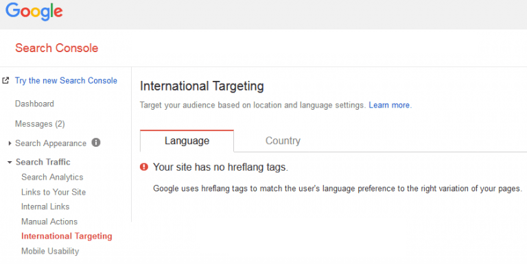 Country and language targeting in the Google Search Console