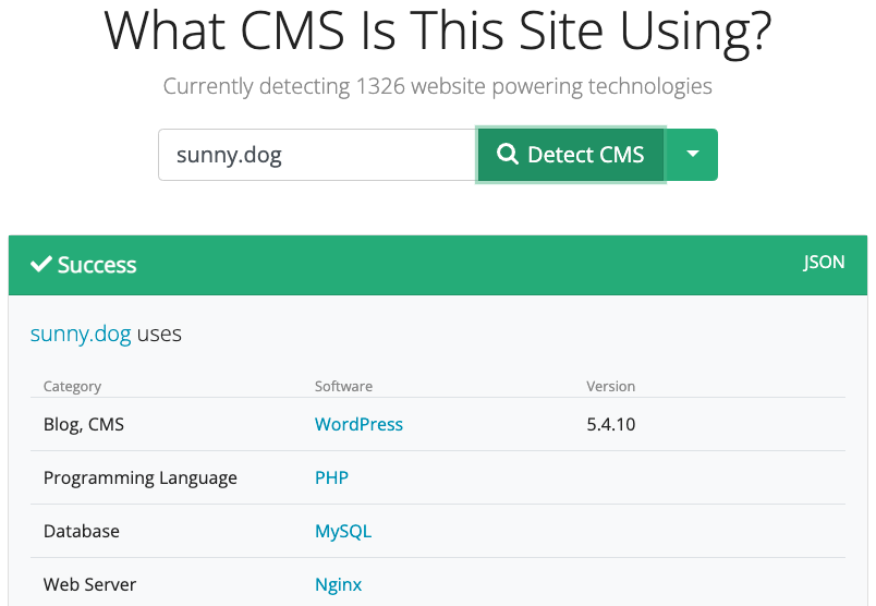 Checking CMS of the site online using Whatcms