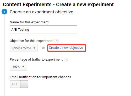 Creating a new experiment in Google Analytics
