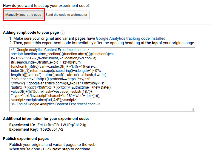 Experiment's code in Google Analytics