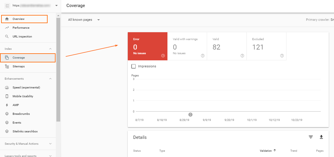 Coverage and site errors in Google Search Console
