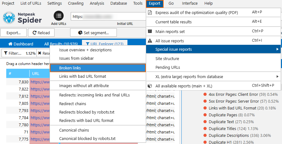 Broken links report in Netpeak Spider