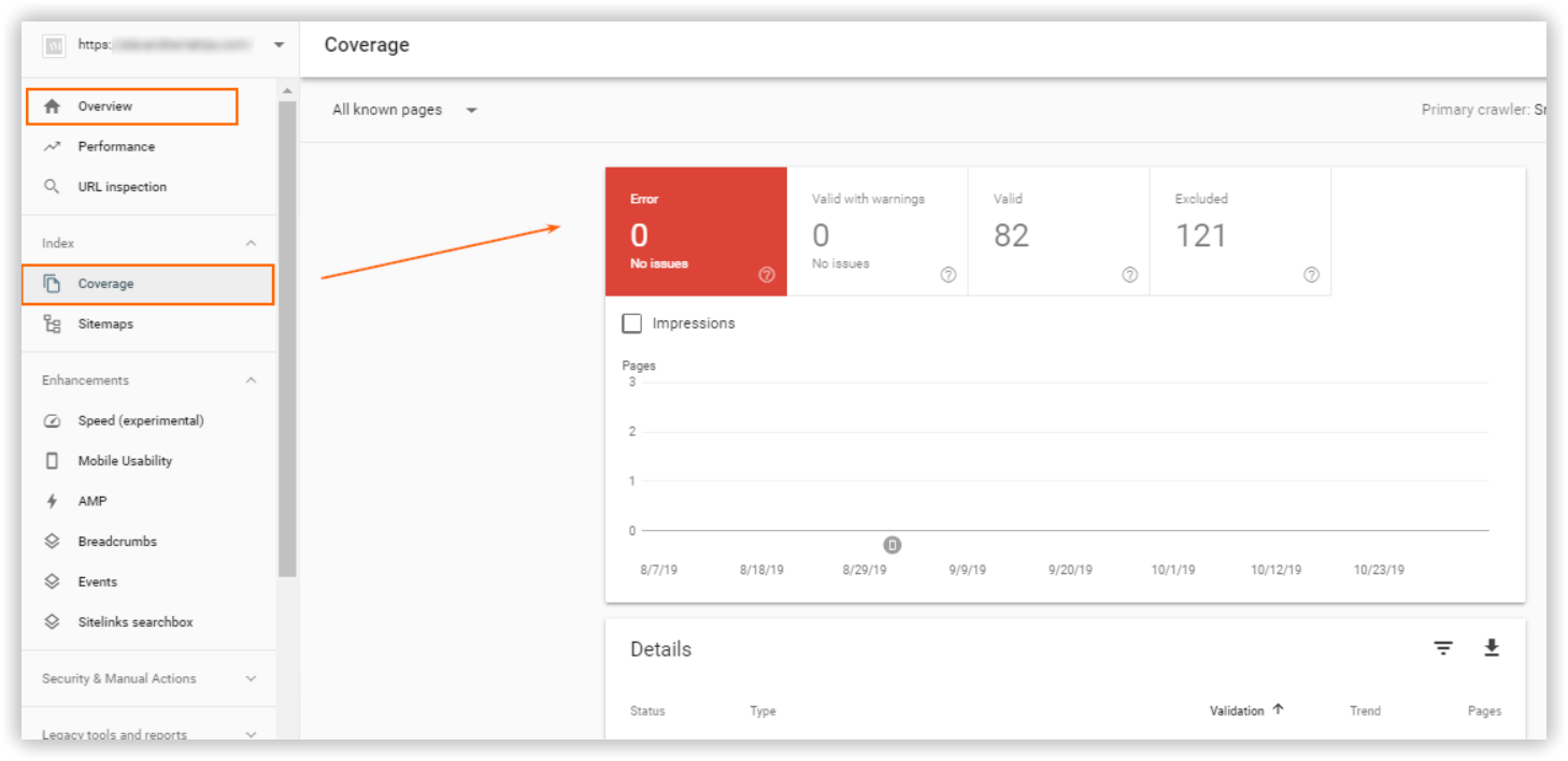 Coverage and site errors in Google Search Console