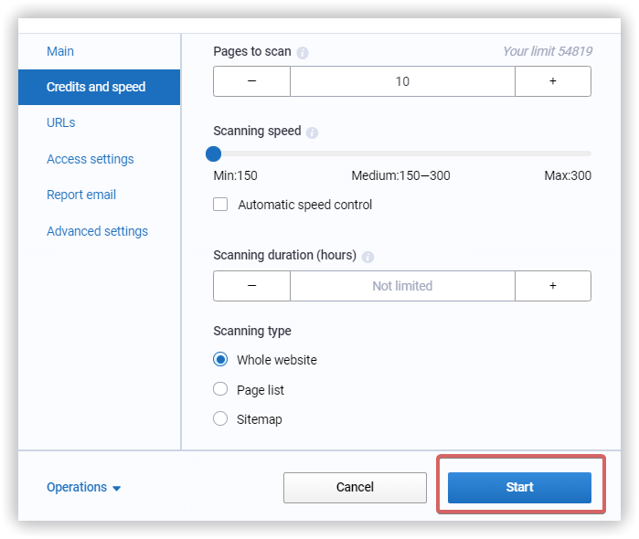 Serpstat Site Audit settings